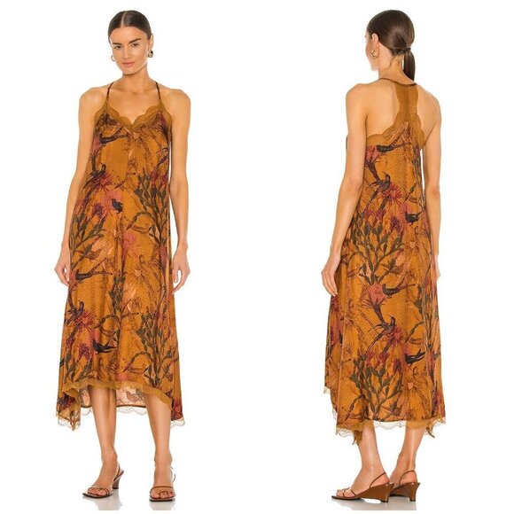 💕ALLSAINTS Seinie Nolina Slip Dress  Cinnamon Brown Floral Bird Print US 0 NWOT - Picture 4 of 16